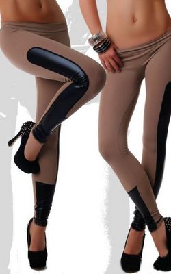 Fashion Rave Party Disco Wear Wet Look Inset Coffee Leggings